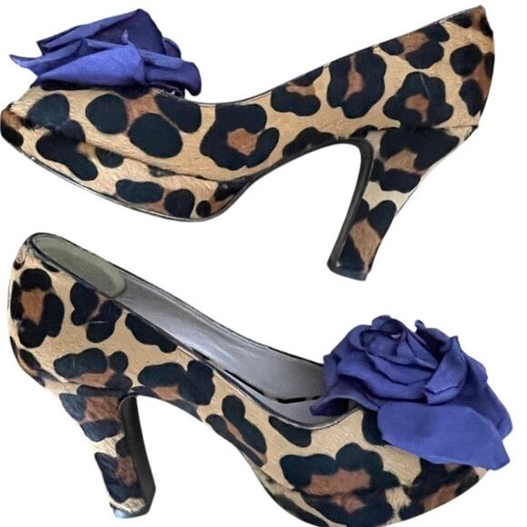 L’Autre Chose Leopard Print Calf Hair Leather Heels Platform Peep Toe Flower - Picture 1 of 10